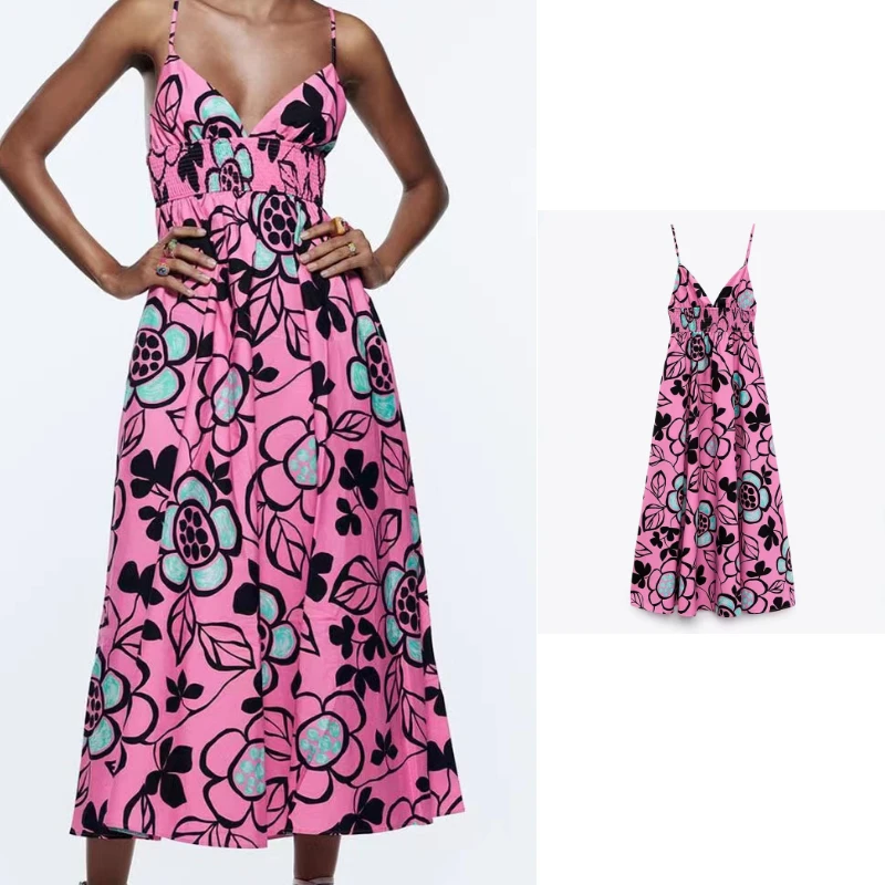 

2022 ZA New Women Vintage Print Poplin Mid Length Sling Dress Summer Fashion Sexy V-Neck Resort Style Dress
