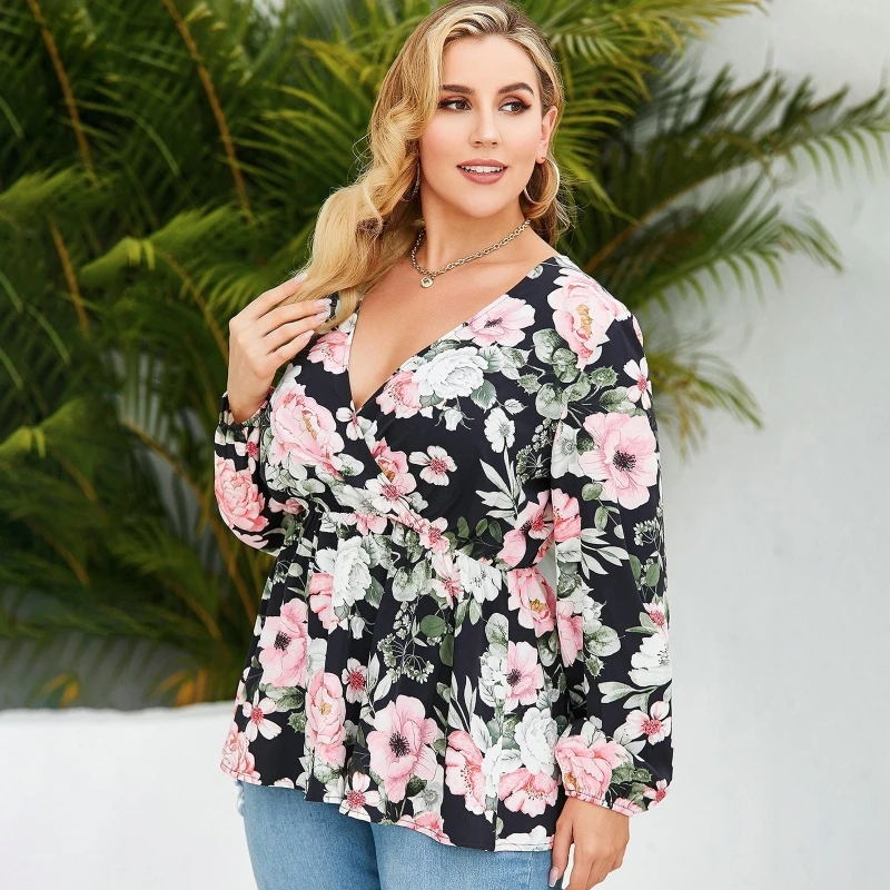

L5YA Women Autumn Puff Long Sleeve Floral Blouse Elastic Waist Ruffles Hem Peplum Top