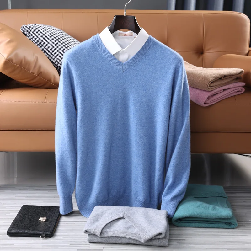Autumn and Winter 2022 New V-neck Thickened Warm Pullover 100% Wool Business Casual Light Luxury Undercoat Men's Taste Sweater