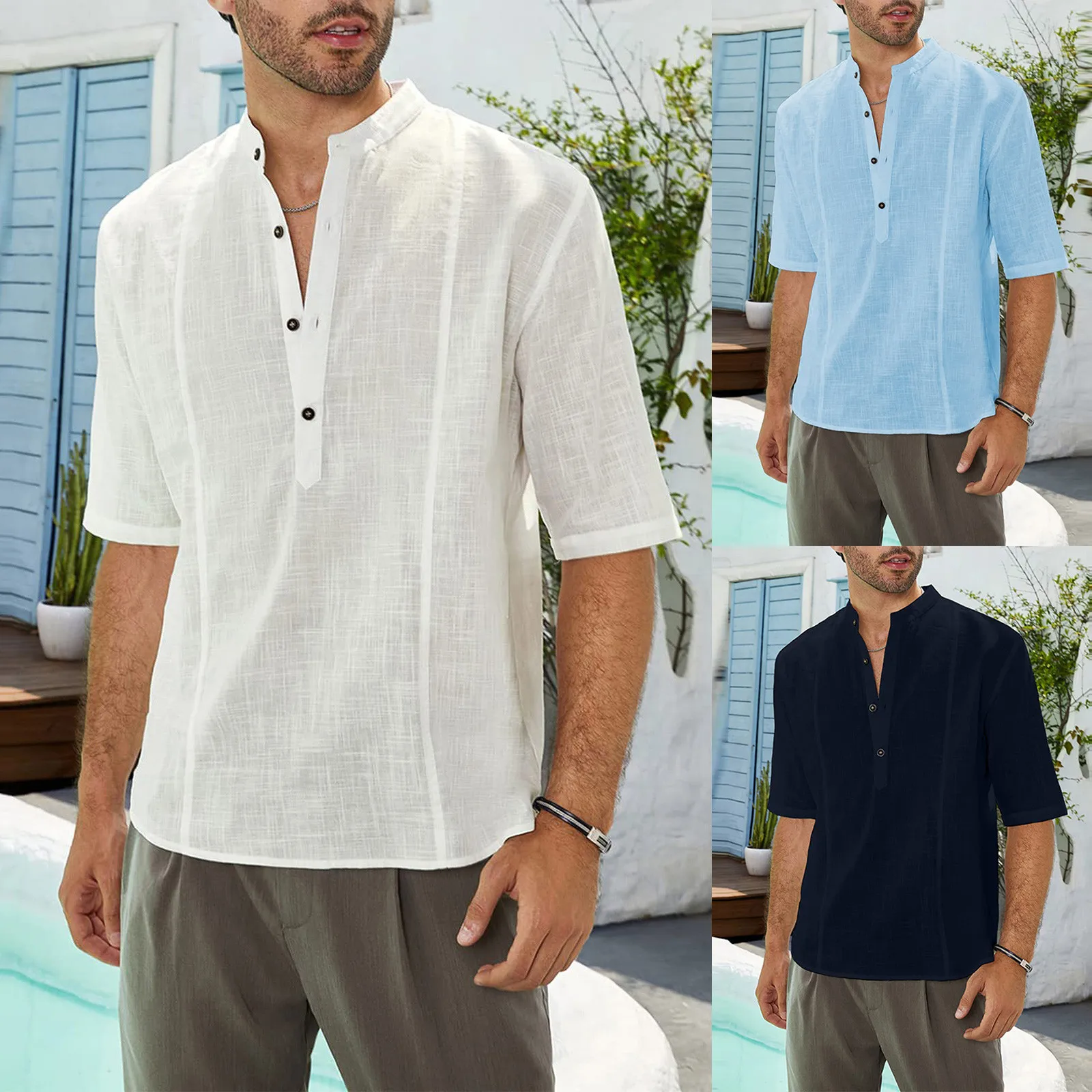 

Рубашки для отдыха мужская Свободная Повседневная мягкая удобная однотонная блузка хлопковые топы с рукавом до локтя мужская одежда лето ...