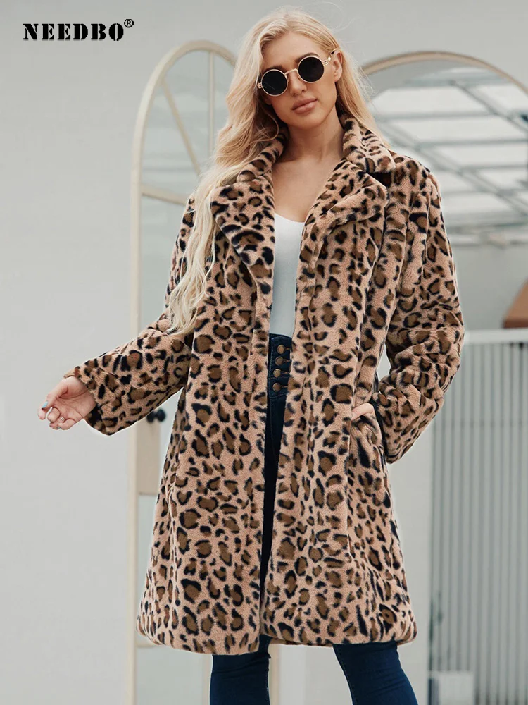 NEEDBO Fashion Woman Long Sleeve Leopard Print Knitted Cardigan Coat Womenes Sweater Warm Fluffy Plush Loose Outwear Jackets