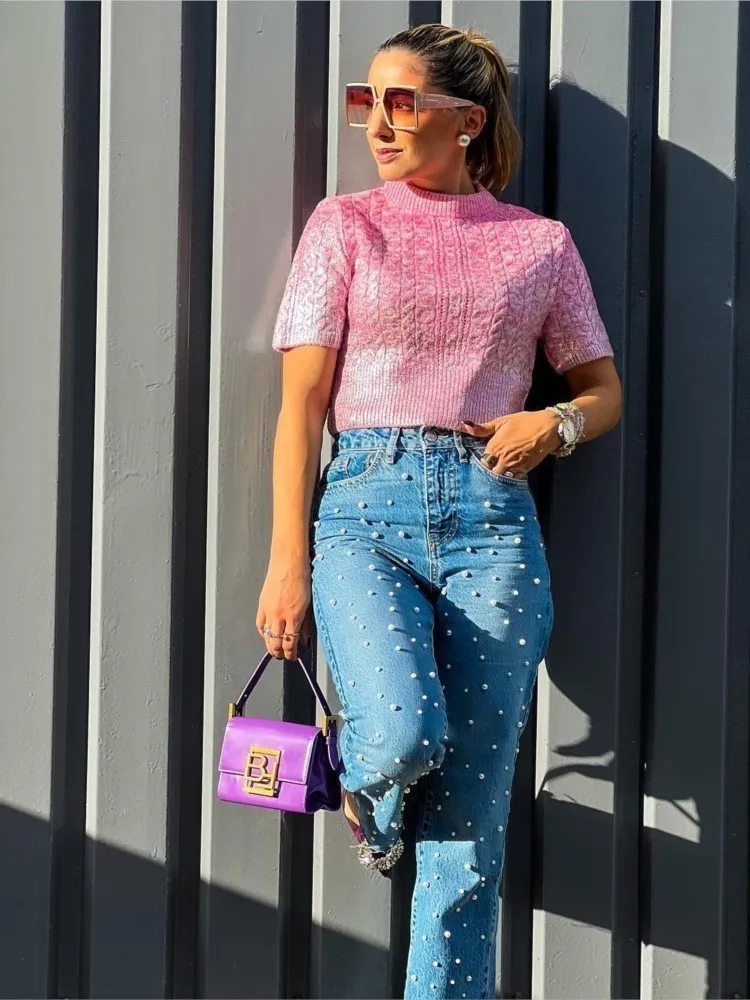 

Casual Sweater Women Knitted Pink Solid O Neck Short Sleeve Cropped Pullovers 2023 Autumn Female Streetwear Party Knitwear