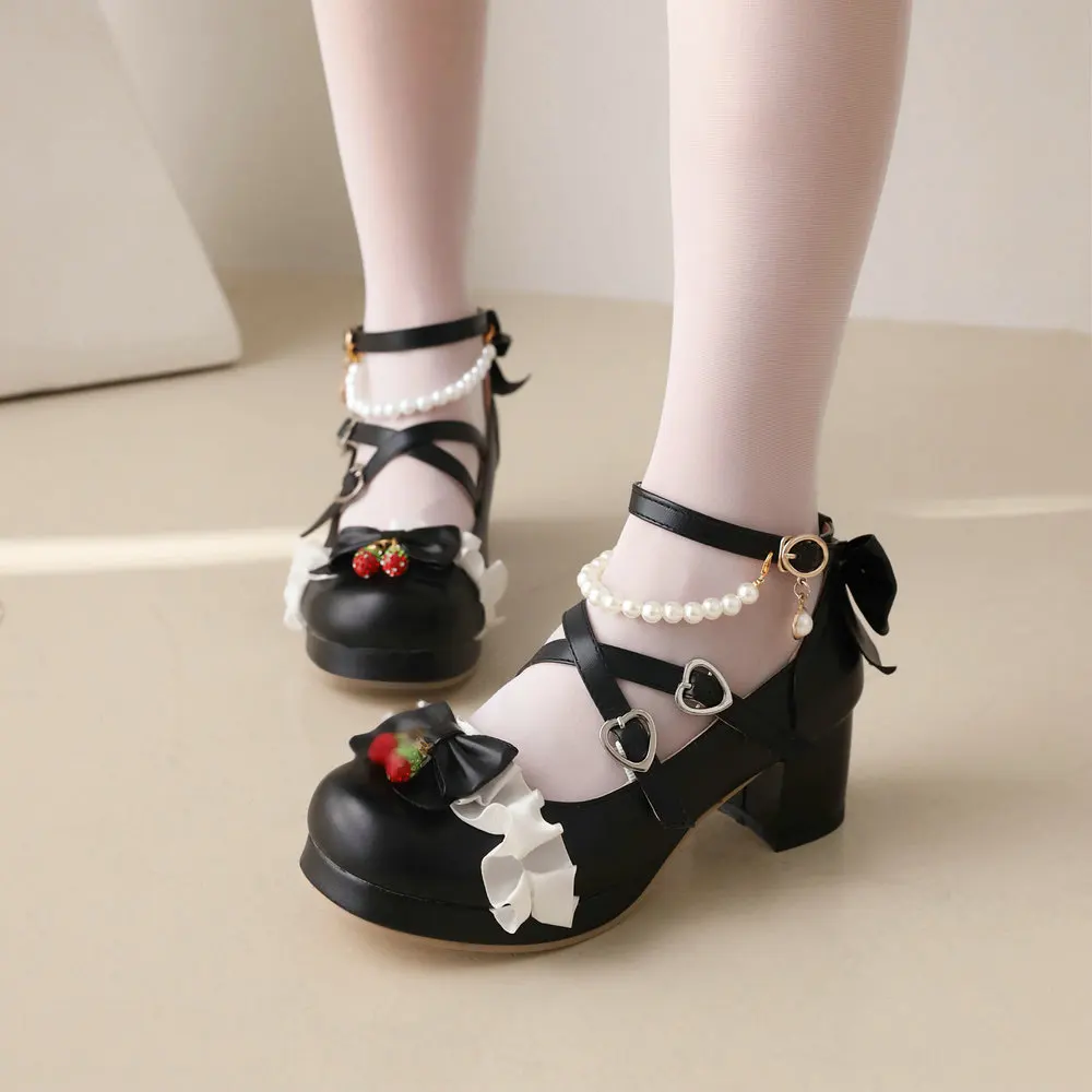 Feminine Bowtie Mary Jane Shoes for Crossdressers Sissies Ankle Strap Chunky Heel Strawberry Pendant Plus Size Women Footwear