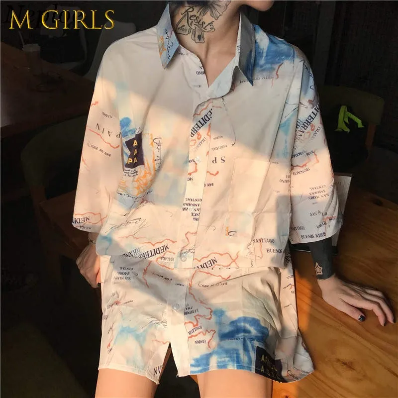 

N GIRLS Harajuku Streetwear Blouse Shirt 2020 Short Sleeve Turn-down Collar Top Digital Printing Woman Man Oversized Shirts