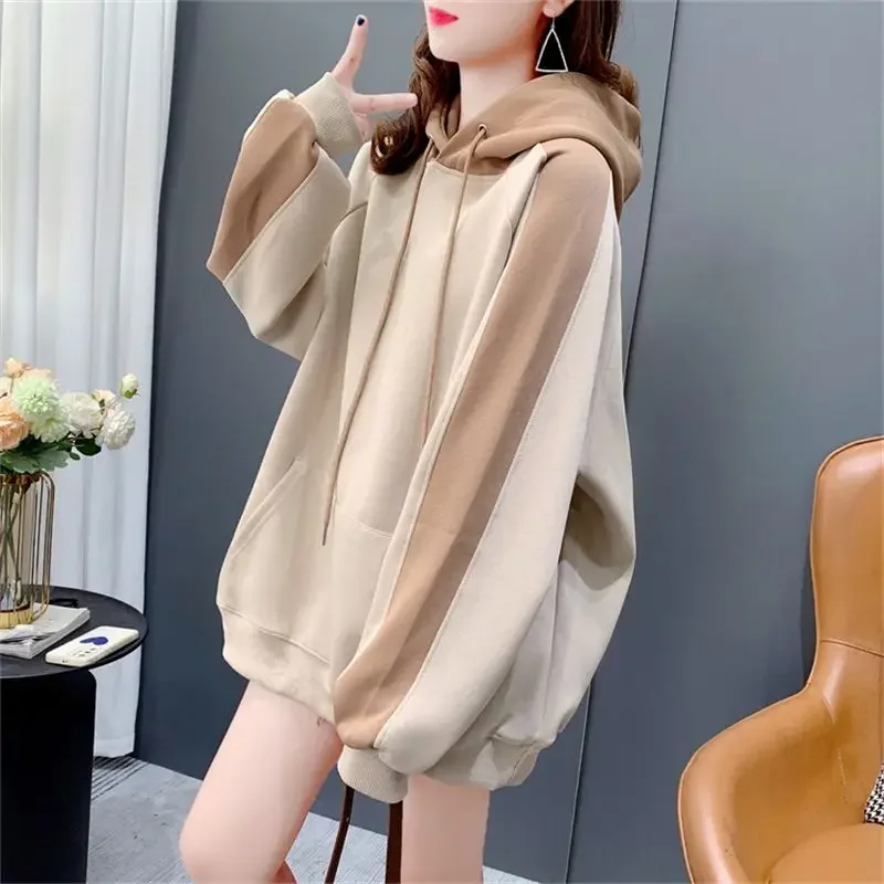 

Medium Length Raglan Sleeves with Plush and Thick Hooded Sweatshirt for Women New Solid Color Autumn and Winter Loose Coat Top
