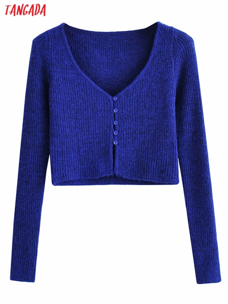 

Tangada Women Blue Crop Cardigan Vintage Jumper 2022 Female Slim Knitted Cardigan AI63