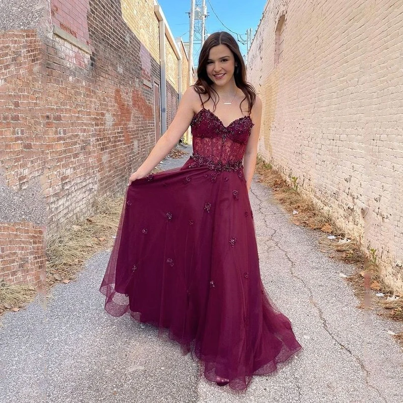 

Dark Red فساتين السهرة Glitter Evening Dress 2023 Sexy Spaghetti Strap Party Prom Dresses Beading Tull Vestidos De Noche