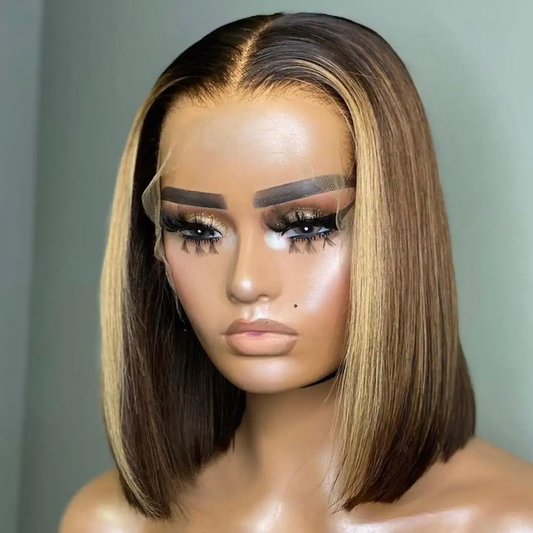 

Honey Brown Color Short Bob Wig Colored Human Hair Wigs Brazilian Straight Highlight Bob Wigs T Part 5X1 4X4 Lace Wig For Women