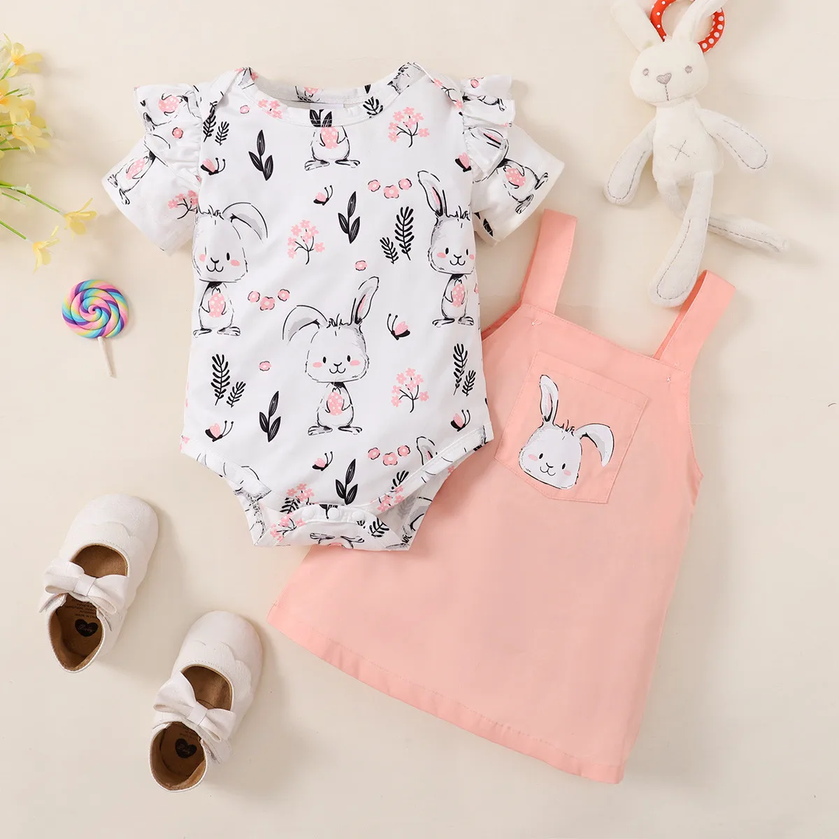 

Hibobi Baby Girl Rabbit Pattern Bodysuit Solid Suspender Belt Dress Set
