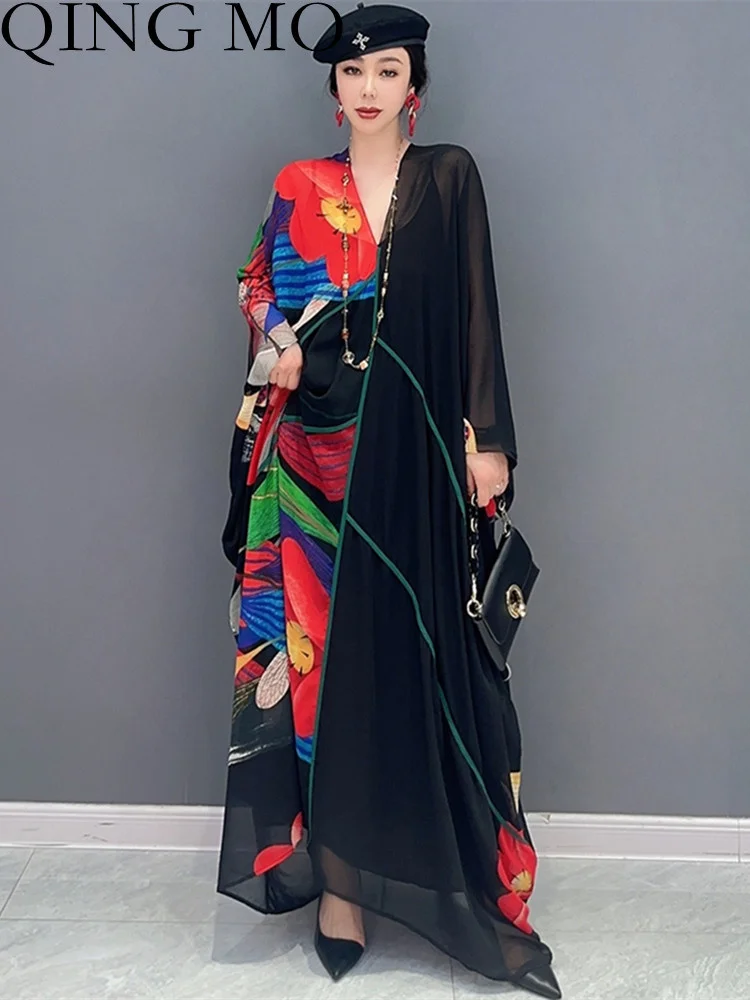 

QING MO 2023 Summer New Korean Pattern Spliced Chiffon Dress Women Patchwork Mixed Color Ankle Length Black ZXF1980
