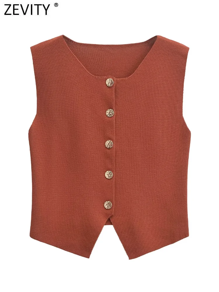 Zevity новинка 2024 женский модный однотонный вязаный жилет без рукавов с круглым