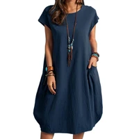 2022spring and summer european and american cotton and linen loose casual solid color pocket dress womens clothing