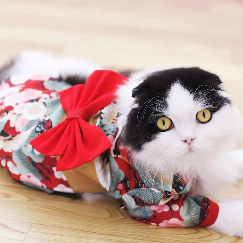 

Pets Printed Kimono With Bowknot Girdle Fashionable Japanese Style Waist Magic Buckle Neckline Snap Buttons Clothes Dogs Cats