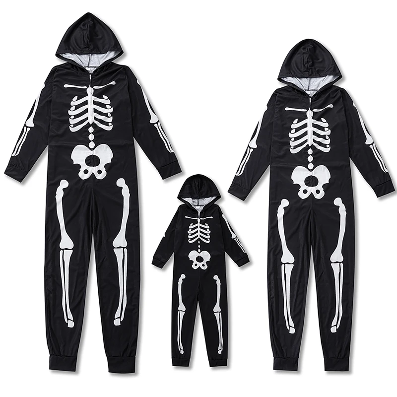 

2022 Halloween Skeleton Family Set Costume Adult Kids Family Skull Party Hooded Jumpsuit Halloween Family Matching Pajamas