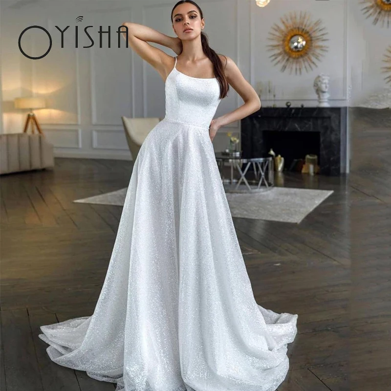 

OYISHA Shiny Tulle Wedding Dresses O-Neck Spaghetti Straps vestido de noiva Charming Backless Sequins Princess Bridal Gowns 2023