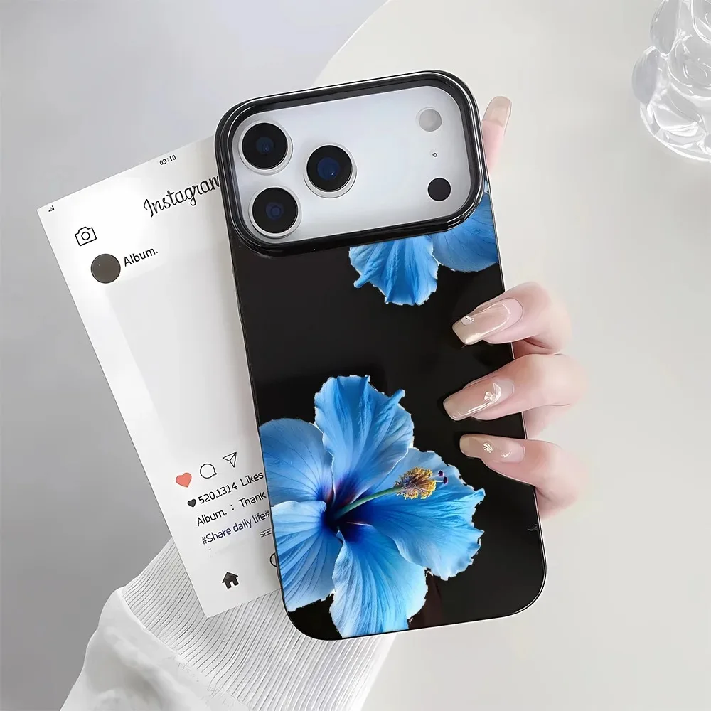 Фото Глянцевый черный чехол для телефона с цветком гибискуса для iPhone 17, 16, 15, 14 Plus, 13, 12, 11 Pro MAX, 17 Air, синий чехол с цветочным узором гибискуса №2