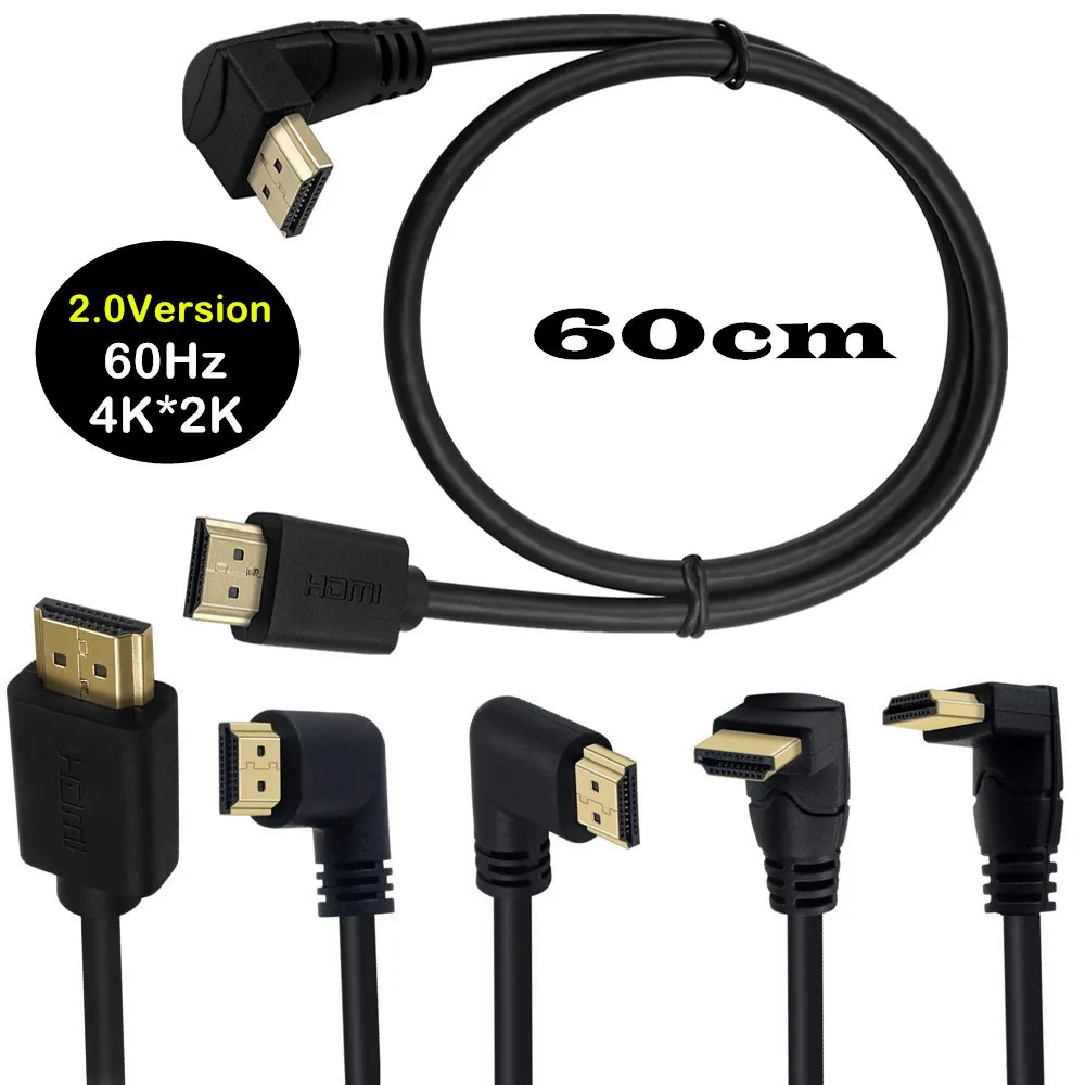 Совместимый с HDMI кабель 2,0 в 4K * 2K @ 60 Гц, HDMI-совместимый штекер-HDMI-совместимый Угловой кабель 90 ° 0,6 м