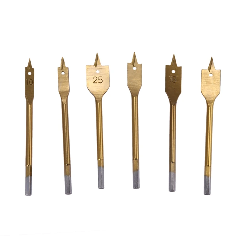 

6Pcs/Set Titanium Coating Hex Shank Spade Bits Flat Boring Bit Wood Drill Bit Power Tools Hole Saw 10,12,16,18,20,25Mm