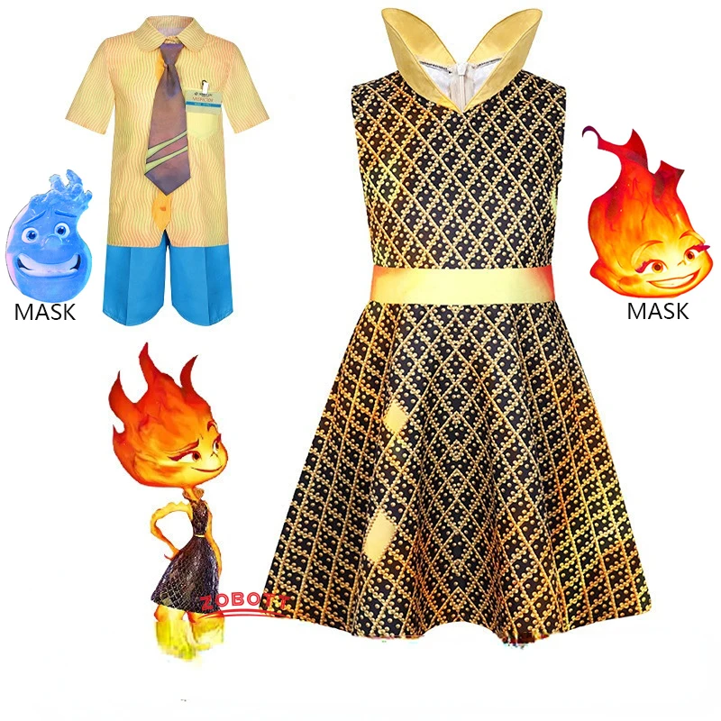 

Animated Movie Elemental Cosplay Costume Water Elemental Fire Elemental Girls Dress Boys Shirt Set Halloween Carnival Party Suit