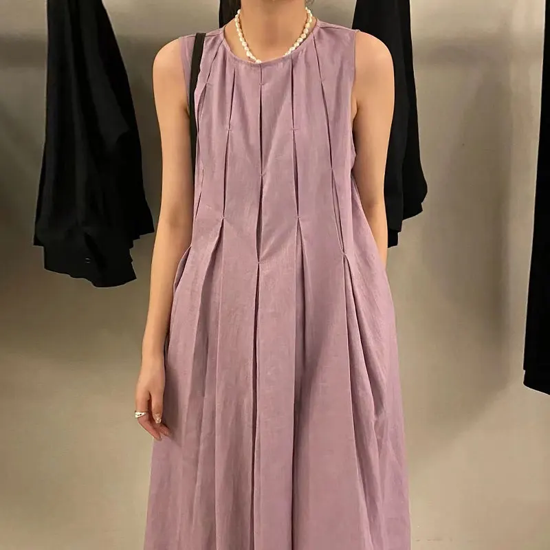 

SuperAen 2022 Summer Solid O Neck Loose Casual Sleeveless A Line Casual Vest Dress Women
