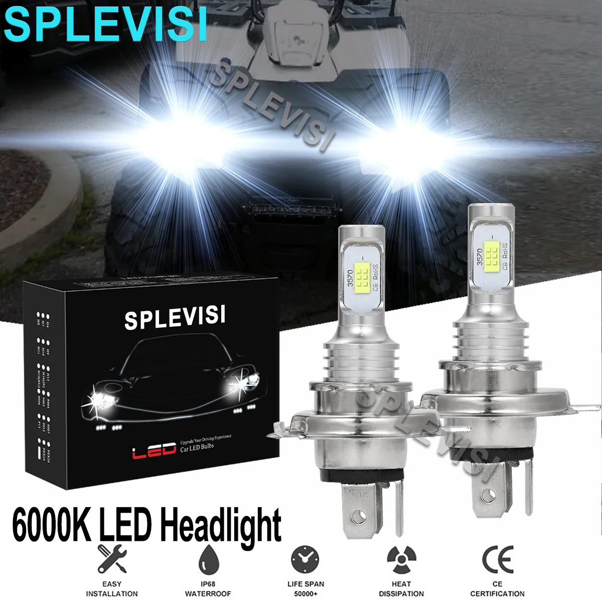 2x70W 6000K White LED Headlight For Polaris 400 1984-1988 Polaris 440 1994-1998 Polaris 500 1991-1998 Polaris 600 1983-1987 2010