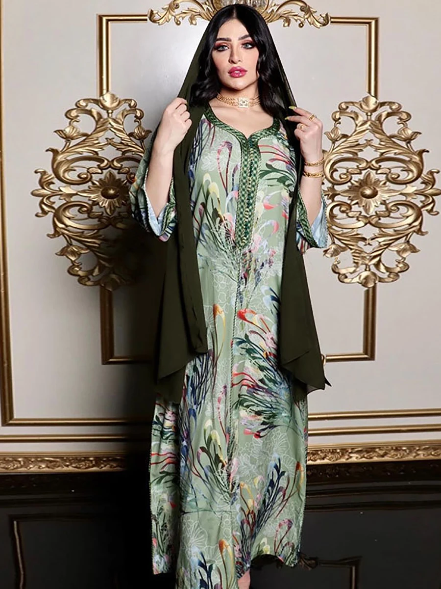 Женское длинное платье с V-образным вырезом, ярко-зеленое платье в арабском, мусульманском стиле Дубая, халабии, Ближний Восток, марокканска...