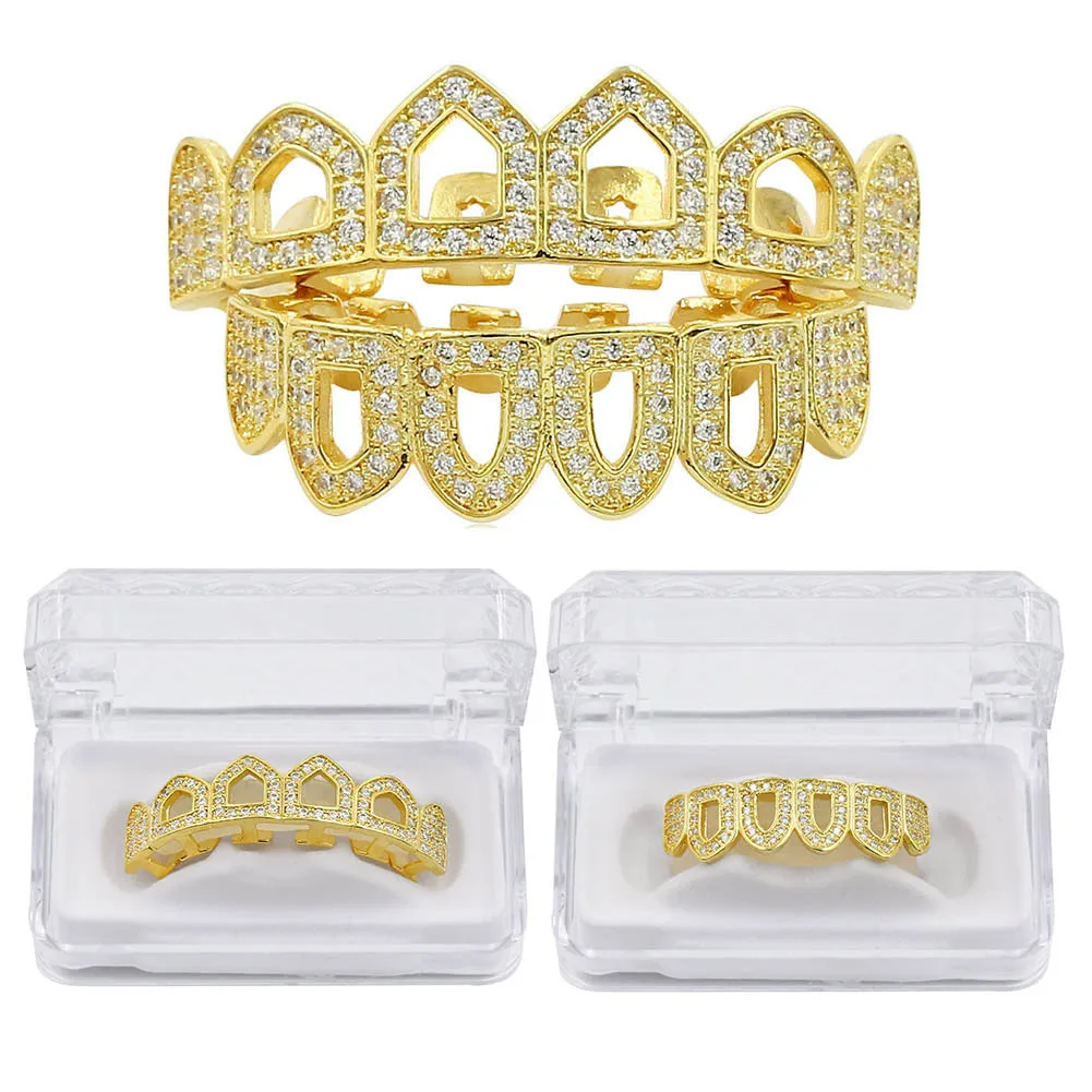 

Pure GOLD Color Plated Hip Hop Micro Pave CZ Fang Hollow Top & Bottom GRILLZ Vampire Teeth Grills Set