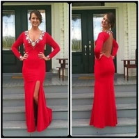 2020 mother of the bride dresses vestido de madrinha red long sleeve mermaid evening beaded crystal sexy side slit backless