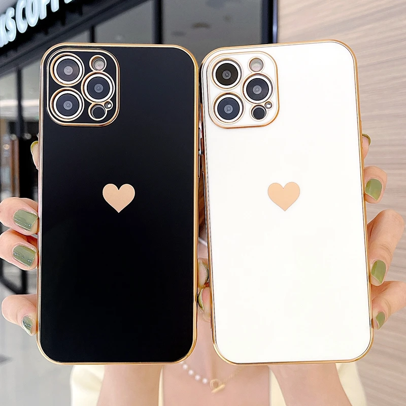 

Soft Matte Love Heart Phone Case For iPhone 12 11 Pro Max Mini X XR XS Max 7 8 Plus SE 2020 Electroplated Bumper Back Cover