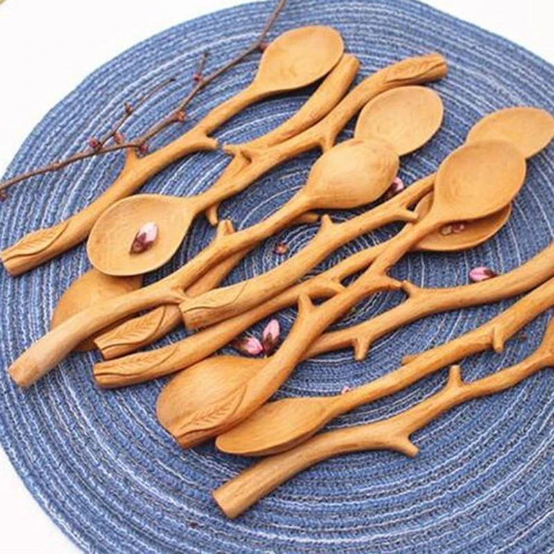 

Creative Japanese Style Beech Spoons Branch Shape Long Handle Scoop Coffee Stirring Spoon