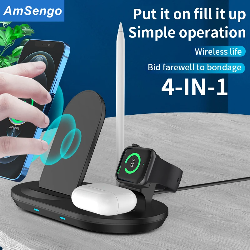 

Новинка 2022, беспроводные зарядные устройства 4 в 1 для iPhone 12Pro Max 11 Xs Max 8Plus, 10 Вт, быстрая зарядка для i Watch, зарядное устройство для Airpods Pro