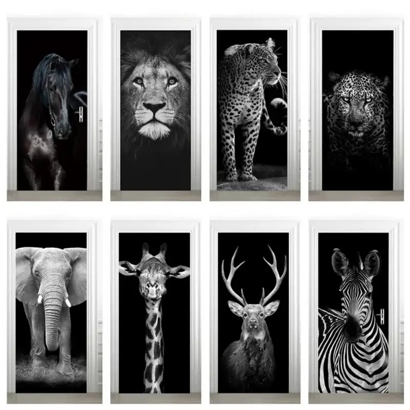 

Gray Lion Zebra Elephant Animal Door Sticker 3D Self-adhesive Waterproof Wallpaper Home Decor Bedroom Art Mural