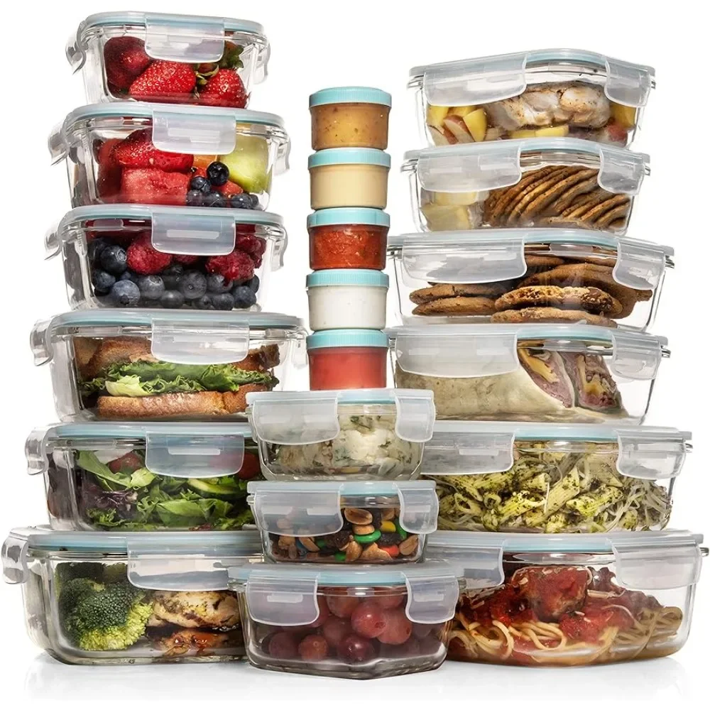 

Lids - Meal Prep Airtight Glass Bento Boxes BPA-Free 100% Leak Proof (15 lids,15 glass & 5 Plastic Sauce/Dip Containers)