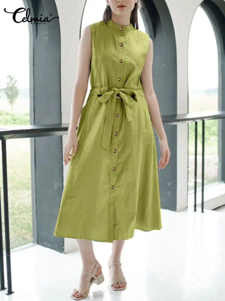 

Женское Повседневное платье-рубашка Celmia, офисное платье средней длины без рукавов с круглым вырезом, на пуговицах, с завязкой на талии, лето 2023