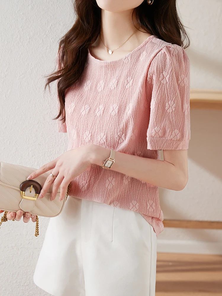 Женский шифоновый топ с коротким рукавом пышными рукавами