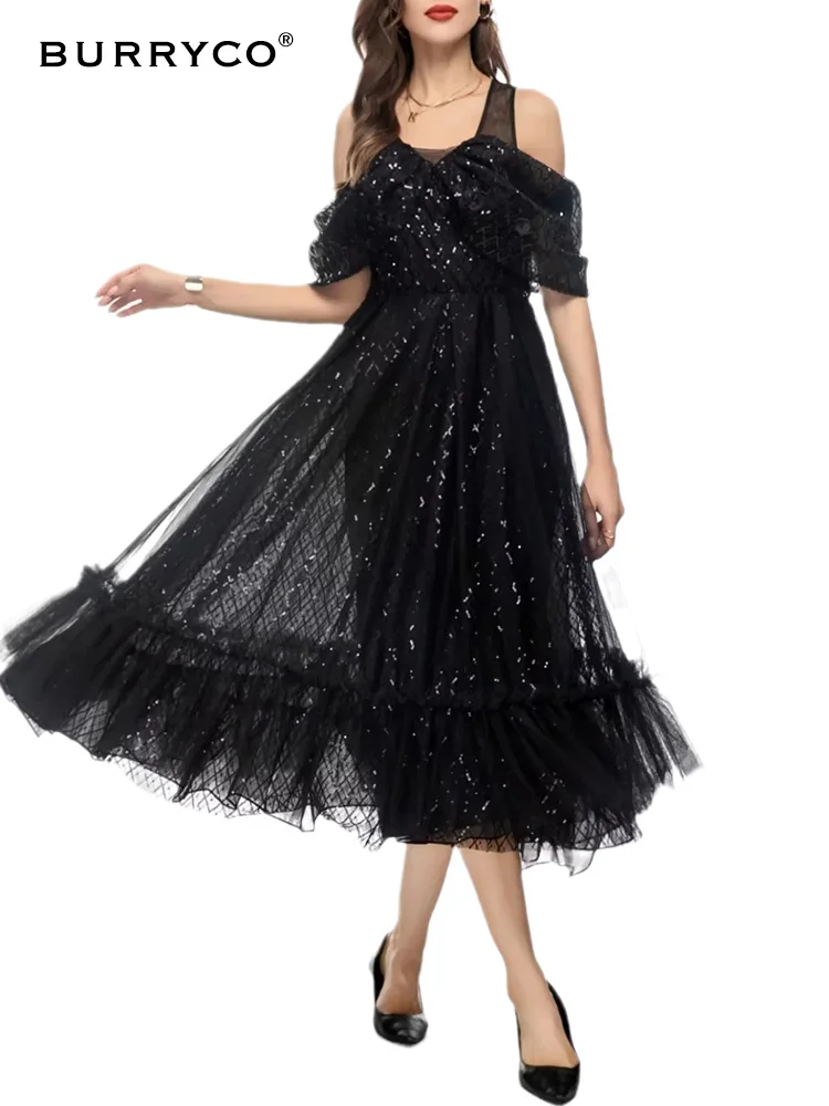

BURRYCO 2023 летнее женское Новое роскошное стильное европейское и Французское сексуальное Сетчатое платье с открытыми плечами и тяжелыми блестками