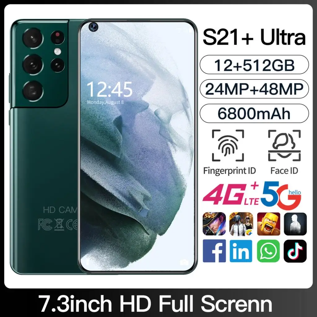 

S21 Ultra 12GB/16GB+512GB 7.3 Inch 24+48MP 6800mAh Face Fingerprint Unlock Android Smart Phone 10 Core MT6989 4G 5G Mobilephones