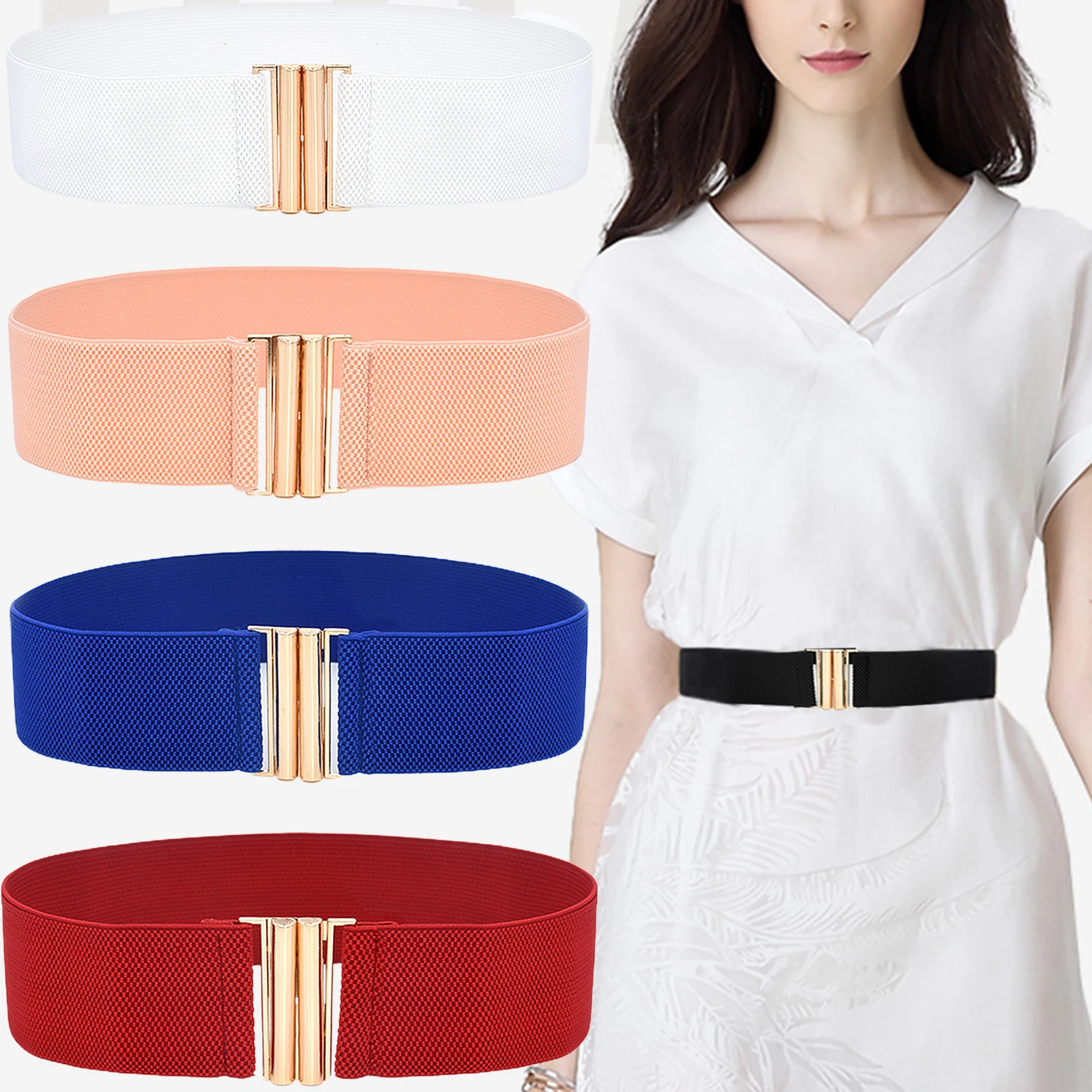 

New Women Wide Stretchy Waist Belts Metal Buckle Dress and Shirt Accessories Casual/Business Style Elastic Clothes Decor