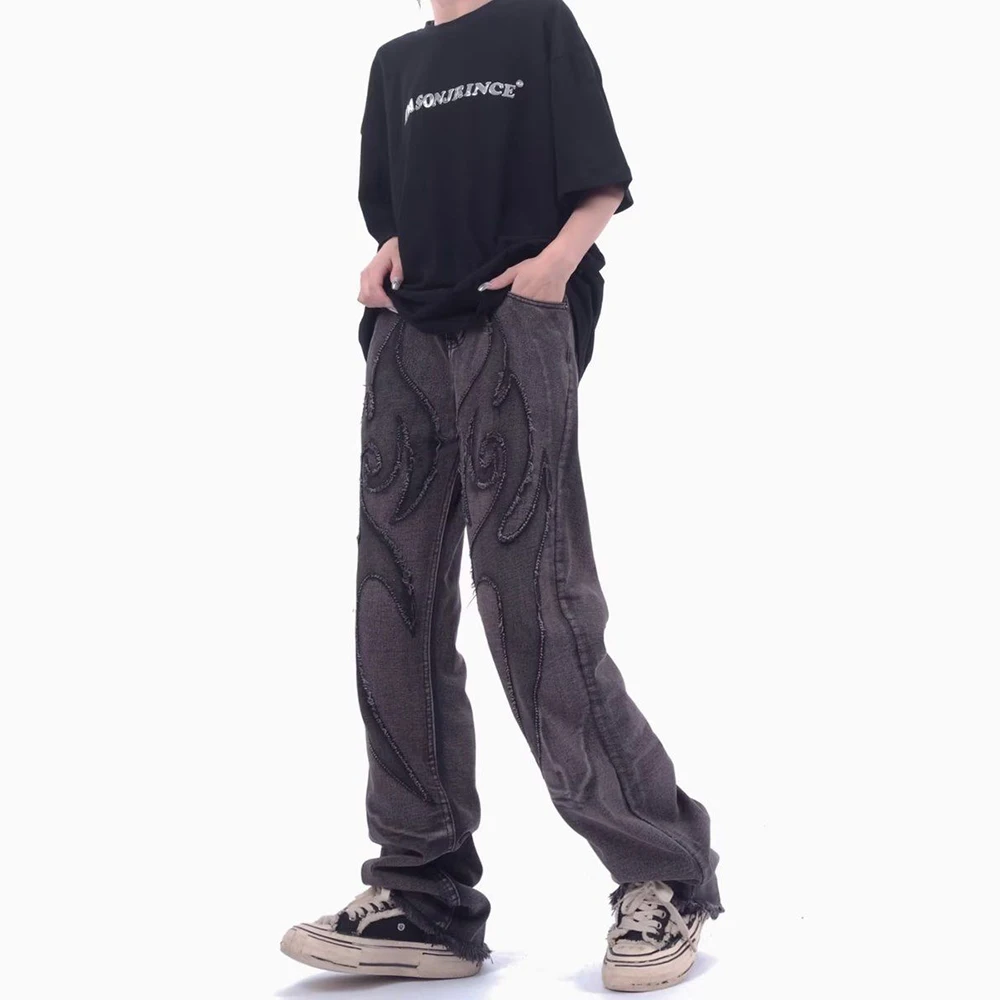 American Street Hip-Hop Jeans Niche Stitching Patch Made Old Jeans Mens Trend Raw Edge Design Casual Trousers Straight Leg Pants