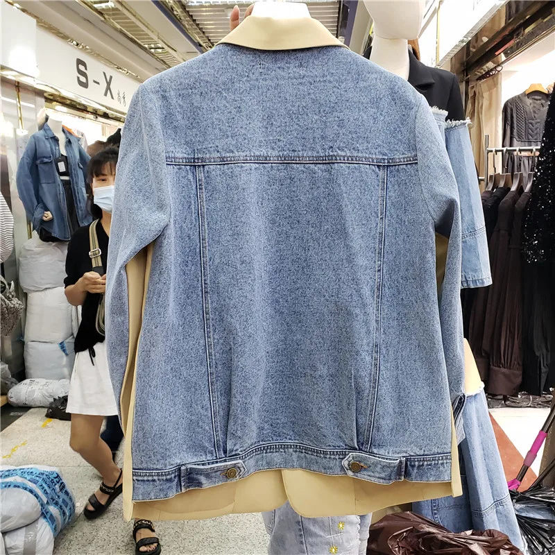 Черный джинсовый пиджак цвета хаки в стиле пэчворк женская двубортная верхняя