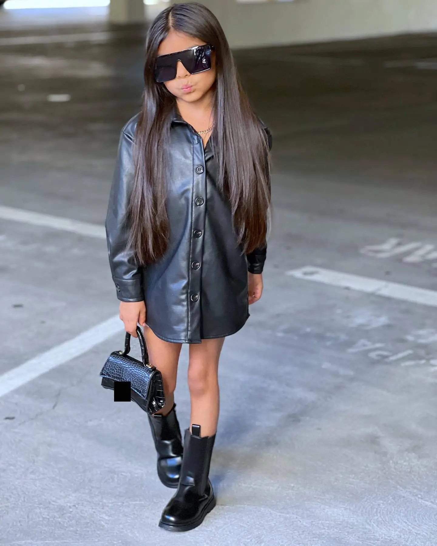 

black PU leather long coat kids jacket single breasted button up turndown collar outwear fashion toddler girls fall 1 to 7 yrs