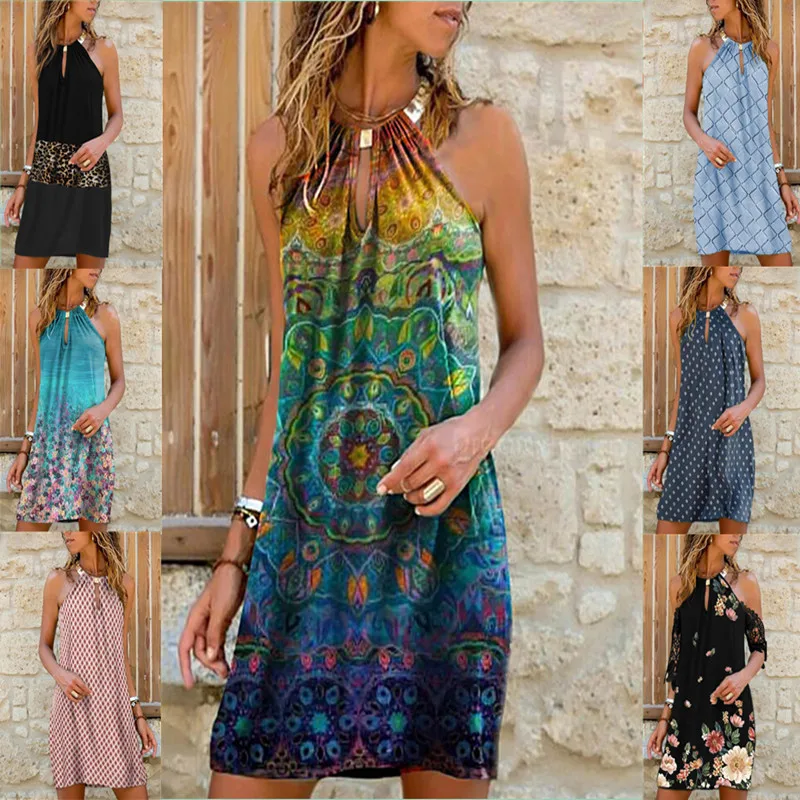 

2022 Women Metal Backless Sleeveless Hang Neck Plaid Printed Summer Loose For Lady Flower Multicolor all-match Dresses