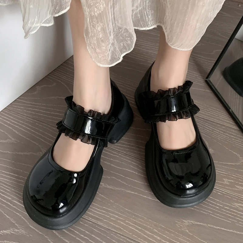 

Lucyever Lace Strap Chunky Mary Jane Shoes for Women 2022 Patent Leather Platfrom Pumps Woman Vintage Thick Sole Student Shoes