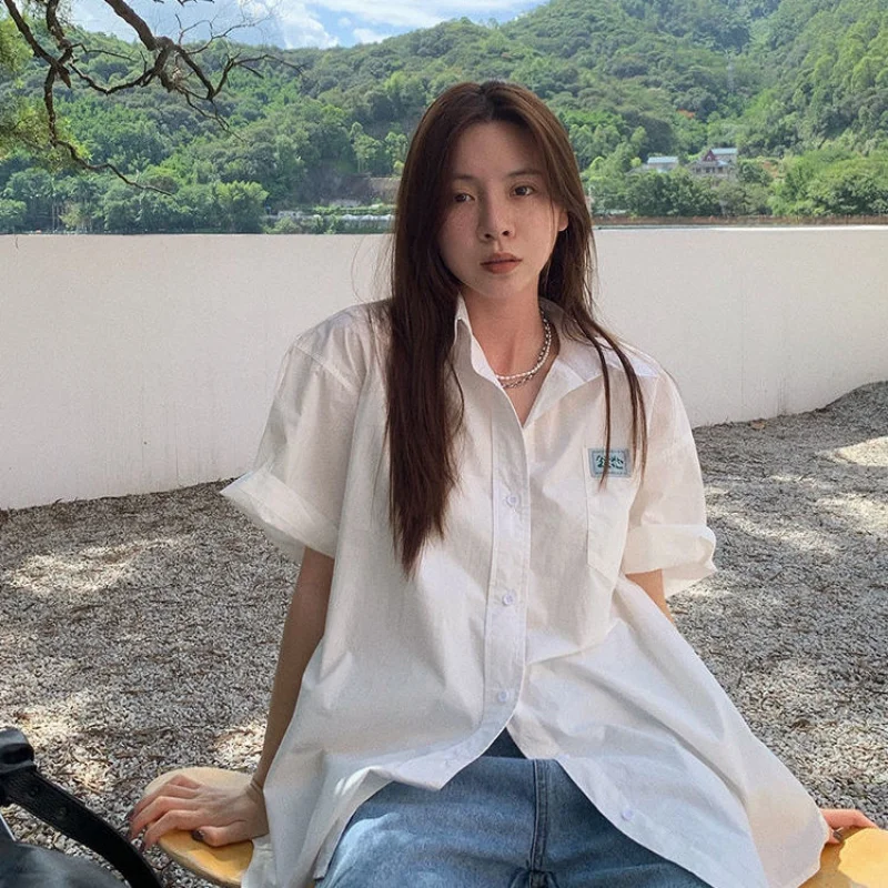 

Deeptown Women Blouses Basic Oversized Korean Fashion Short Sleeve White Shirts Casual Harajuku Preppy Style Cardigan Streetwear