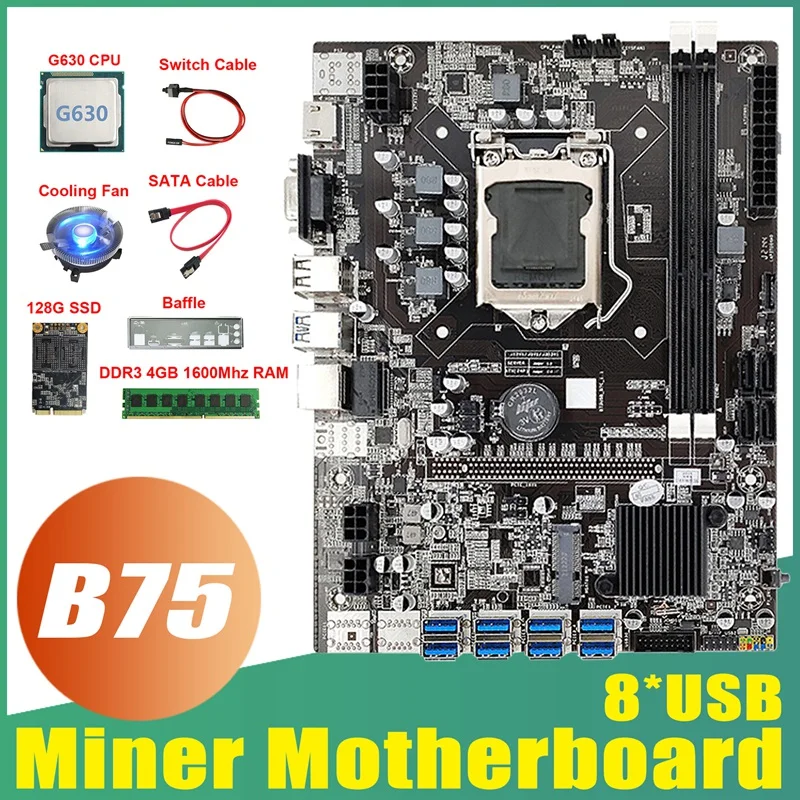 

Материнская плата B75 ETH для майнинга 8xusb + G630 CPU + DDR3 4 ГБ ОЗУ + 128G SSD + вентилятор + SATA кабель + перегородка B75 материнская плата для майнинга