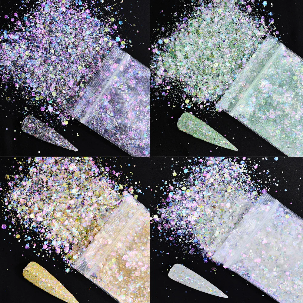 

10g Holographic Mix-Hexagon Nail Glitter Sequins Shiny Chameleon Chunky Nails Glitter Decoration 3D Sparkly Flakes For Manicure