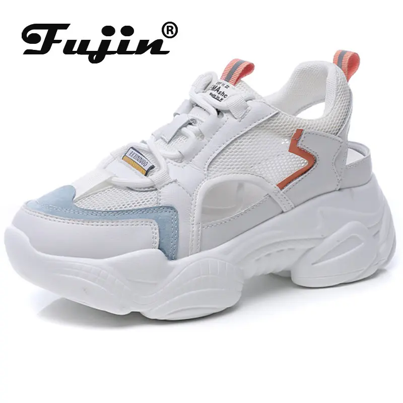 

Fujin 6cm Air Mesh Genuine Leather Women Thick Soled Ins Platform Wedge Breathable Sandals Chunky Sneakers Summer Daddy Shoes