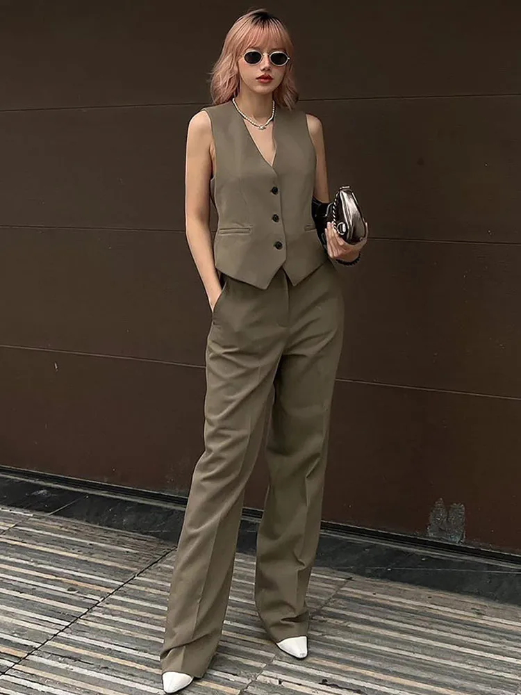 

2023 Универсальный женский облегающий Топ без рукавов с V-образным вырезом + Прямые повседневные драпированные брюки с высокой талией