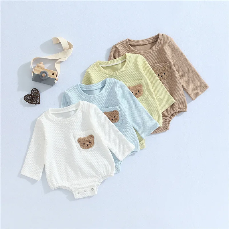

Baby Girl Boy Cute Bear Embroidery Romper 0-24 Months Newborn Round Neck Long Sleeve Snaps Bodysuits for Infants Casual Playsuit