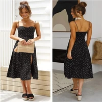 2022 spring and summer womens new sexy polo neck suspender wave dot print hem split camisole dress for women